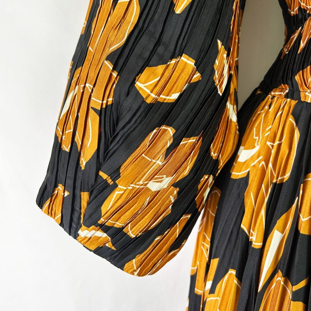 SIMKHAI Black & Gold Floral Ames Midi Dress (8) Pleated Plissé-Satin - Picture 7 of 16